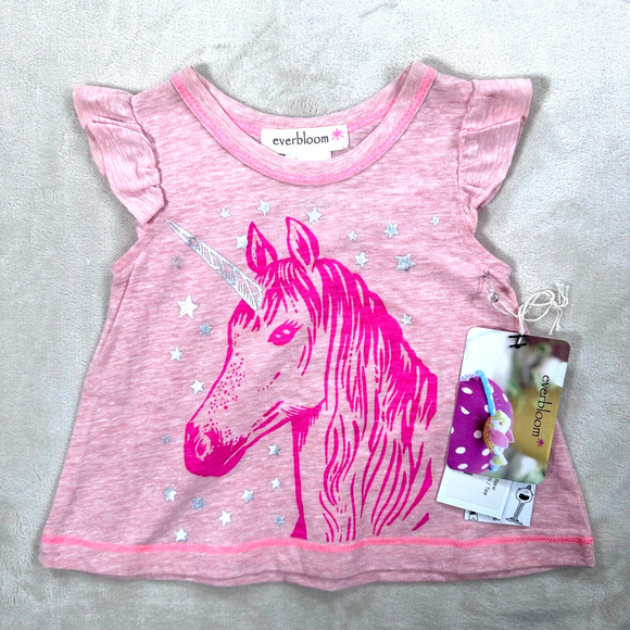 Everbloom Pink Unicorn Graphic Silver 9 Months Ruffle Sleeve Tee Shirt New - Picture 1 of 6